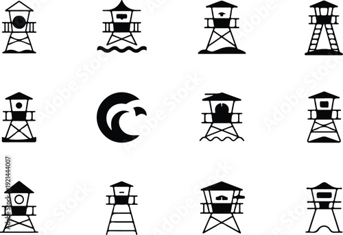 Wooden Lifeguard Stand Silhouette Icon Vector Coastal Lifeguard Tower Safety Icon Set