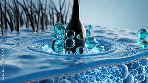 Microscopic view of hair follicles and skin surface with blue liquid droplets and a dark strand, illustrating hair care or dermatological treatment.