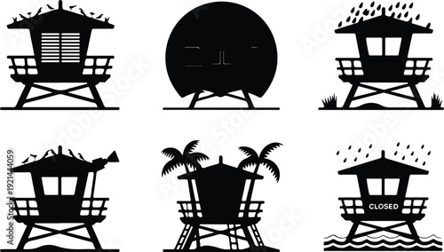 Wooden Lifeguard Stand Silhouette Icon Vector Coastal Lifeguard Tower Safety Icon Set