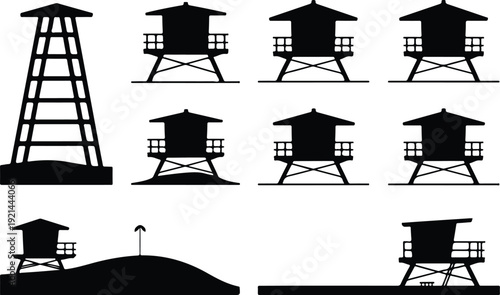 Wooden Lifeguard Stand Silhouette Icon Vector Coastal Lifeguard Tower Safety Icon Set