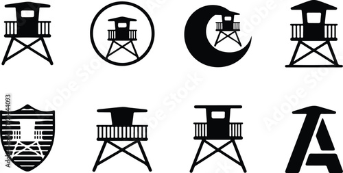 Wooden Lifeguard Stand Silhouette Icon Vector Coastal Lifeguard Tower Safety Icon Set