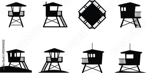 Wooden Lifeguard Stand Silhouette Icon Vector Coastal Lifeguard Tower Safety Icon Set