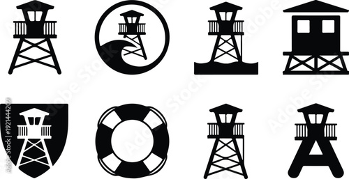 Wooden Lifeguard Stand Silhouette Icon Vector Coastal Lifeguard Tower Safety Icon Set