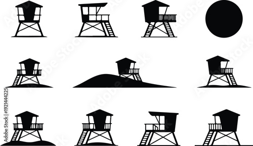 Wooden Lifeguard Stand Silhouette Icon Vector Coastal Lifeguard Tower Safety Icon Set