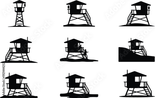 Wooden Lifeguard Stand Silhouette Icon Vector Coastal Lifeguard Tower Safety Icon Set
