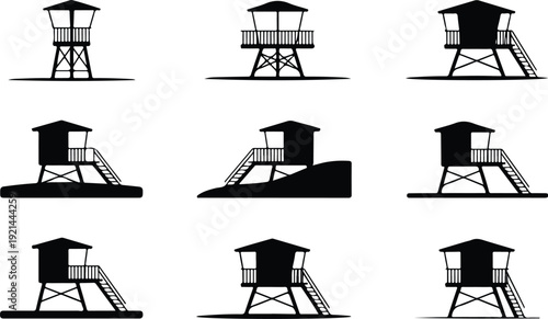 Wooden Lifeguard Stand Silhouette Icon Vector Coastal Lifeguard Tower Safety Icon Set
