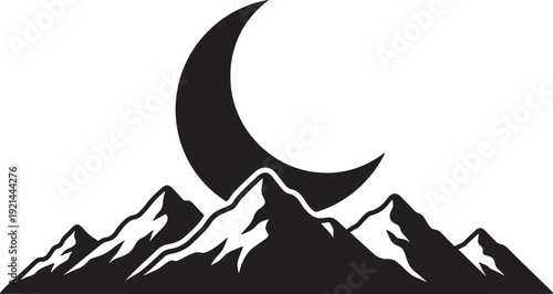 Minimalist silhouette landscape of mountain peaks with large crescent moon symbol representing night sky and islamic lunar calendar theme vector art