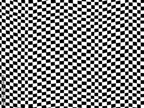 Distorted checkered pattern creating an optical illusion effect with black and white squares