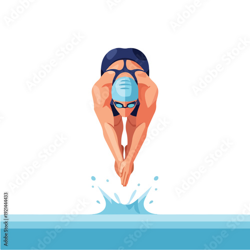 Athelete Swimmer Dives into a Sparkling Pool in Vibrant Cartoon Illustration