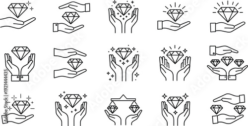 Luxury diamond jewelry icons set with hands holding sparkling gems and precious stones in black and white line art vector