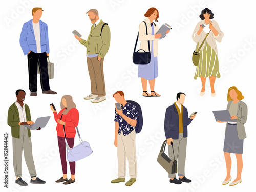 Vector illustration of diverse people standing and interacting with mobile devices in various poses