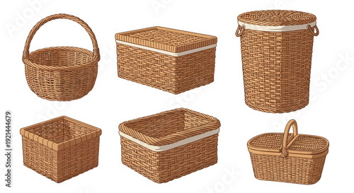Collection of assorted wicker baskets and containers on a plain white surface, viewed from directly above.