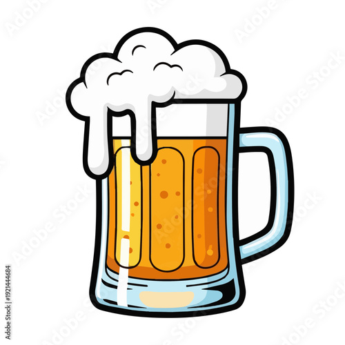 Frothy Beer Mug with Foam and Golden Liquid, Cartoon Beer Glass