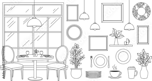 Restaurant table setting and cafe decor elements with picture frames plants coffee cups and lighting fixtures in black line art vector