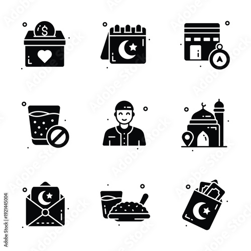 A handy set of Ramadan and Eid icons, Muslim celebration, holy month.