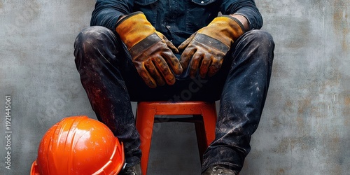 construction worker sitting on orange stool in dirty workwear with gloved hands clasped and hard hat on floor, tired and reflective break