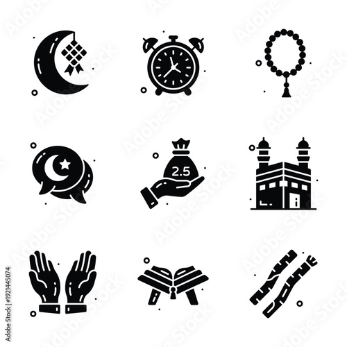 Collection of Ramadan icons, featuring moon, prayer beads, mosque, and Quran for Islamic celebration.