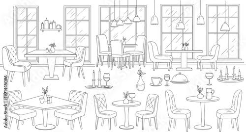 Hand drawn restaurant interior furniture set with elegant tables chairs windows and dining accessories in black and white line art vector