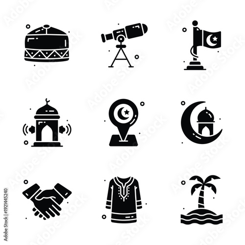 Set of Islamic icons for Ramadan and Eid, featuring mosque and celebration symbols.