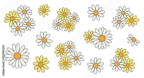 A collection of simple, hand-drawn daisies in various sizes and colors, arranged randomly.