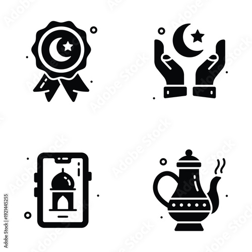 Trendy ramadan themed icons with moon, lantern, gift, and prayer symbols in flat design