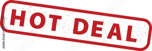 Hot Deal grunge rubber stamp in red color with distressed texture, angled on a white background. This vector graphic is isolated and ready for use in promotions and sales.