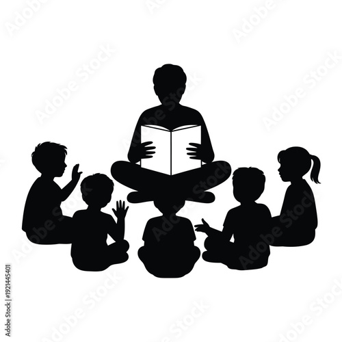 Silhouette of children listening to a story read aloud in a circle