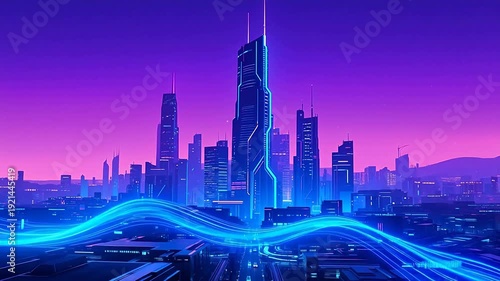 FuturisticCityNightscapewithBlueLightWaves