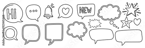 Collection of decorative speech bubbles and symbolic icons including stars and hearts in doodle style for messaging and social media design on alpha background