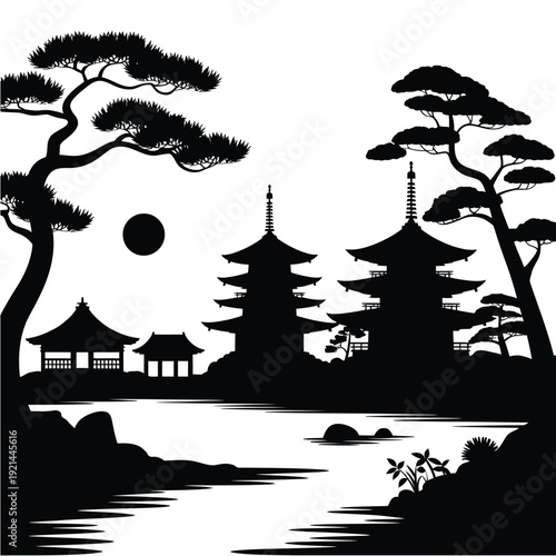 Silhouetted japanese landscape with pagodas trees and a rising sun