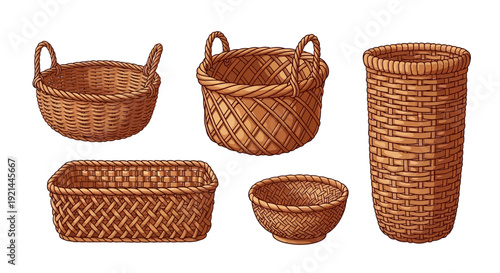 Assorted wicker baskets and containers in various shapes and sizes displayed together, showcasing craftsmanship and texture.