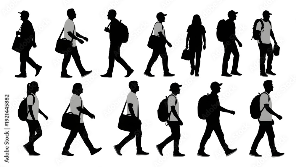 Fototapeta premium Urban Walking People Black Silhouettes Vector Pack with Bags and Backpacks