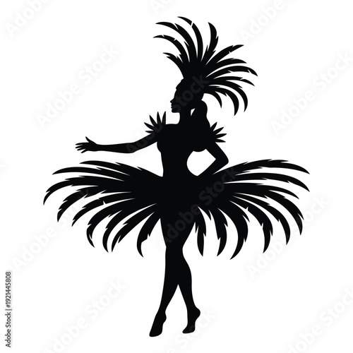Silhouette of a samba dancer in elaborate feathered costume striking a pose