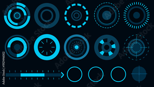 Collection of futuristic glowing blue circular loading and targeting elements