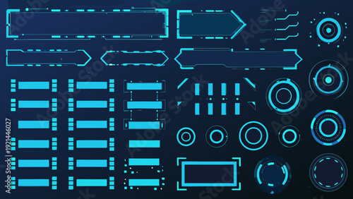 Collection of futuristic glowing blue user interface elements and design assets