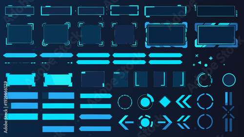 Collection of glowing futuristic user interface elements on a dark background