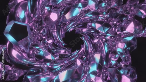 Abstract swirling vortex of iridescent purple and blue faceted crystals creating a dynamic and mesmerizing visual effect.