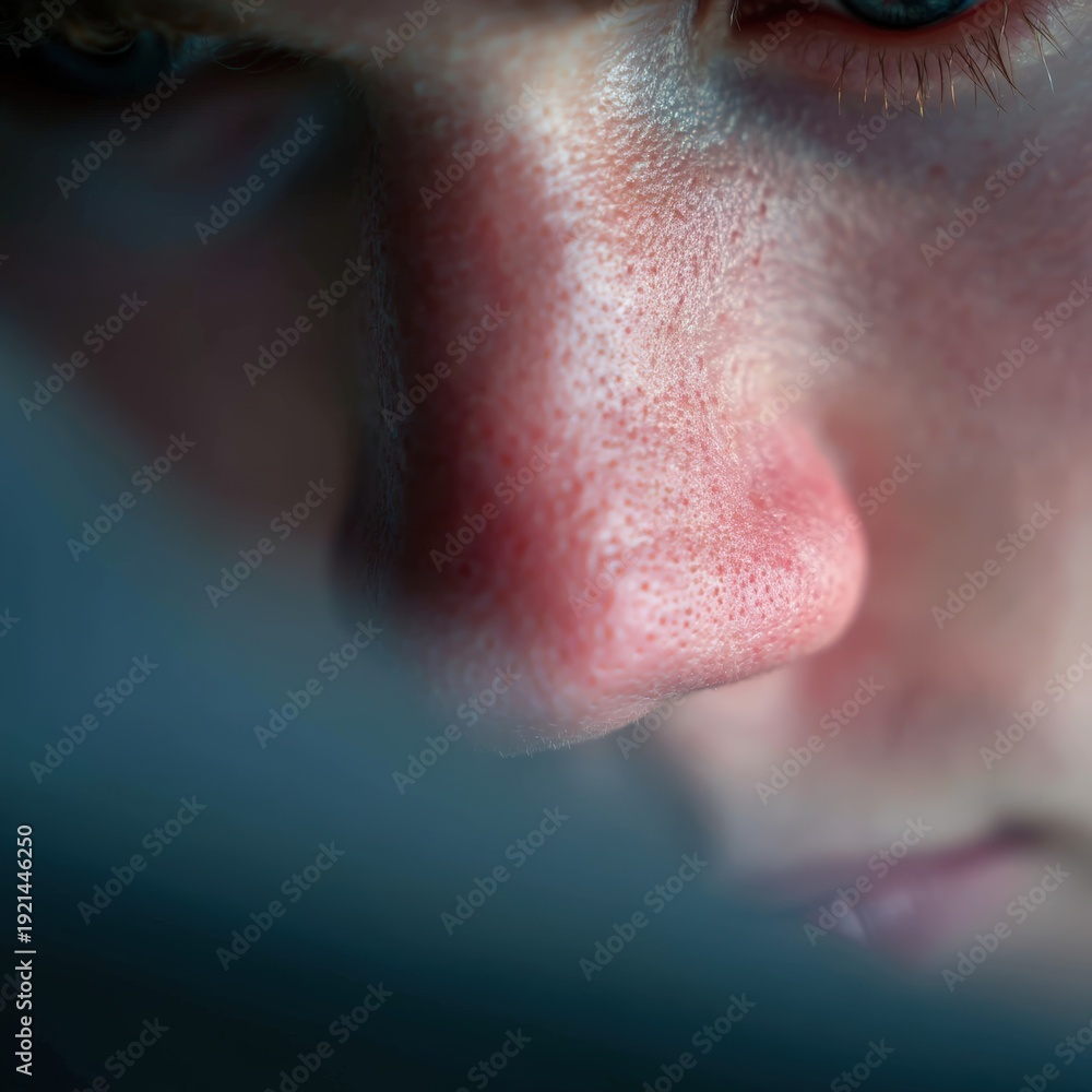 Fototapeta premium Close-up of a person's nose and part of the face showing detailed skin texture and pores with a soft focus on the eye and surrounding area, wfh, work from home, remote working at cafe