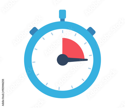 Stopwatch and timer illustration, flat design of blue analog clock with red time segment for countdown deadline and productivity concept