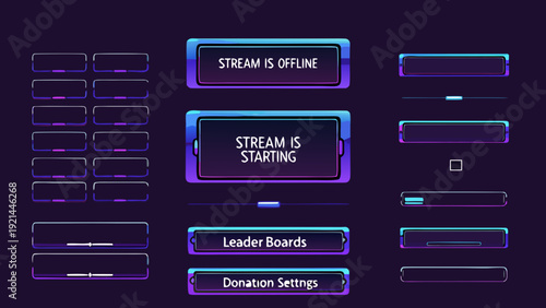 Neon stream overlays with offline and starting status indicators