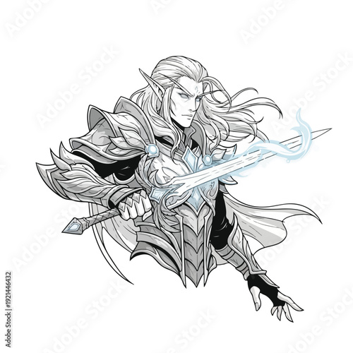 Elf warrior with glowing sword and ornate armor