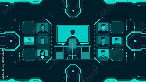 Digital classroom scene with students and teacher in a virtual meeting