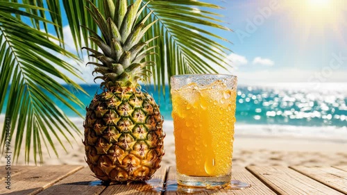 Refreshing pineapple and juice on a wooden table at a sunny tropical beach with ocean and palm trees.