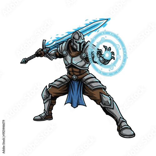 Knight in Armor Wielding Sword and Magic Circle
