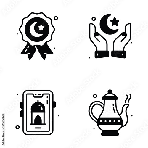 Trendy ramadan themed icons with moon, lantern, gift, and prayer symbols in flat design