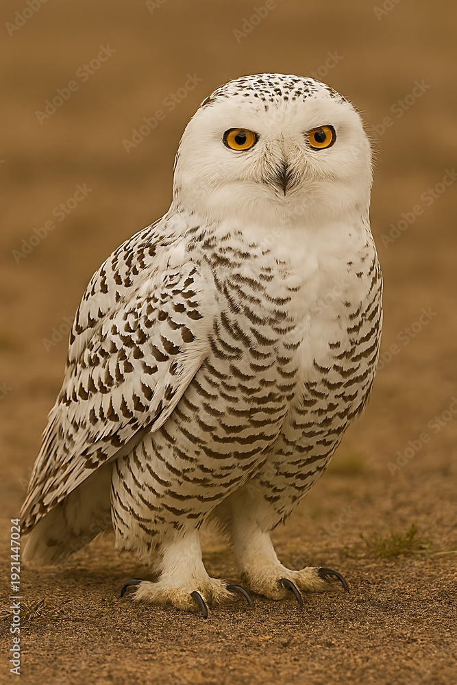 Fototapeta premium A majestic Snowy Owl standing on a dirt ground with piercing yellow eyes looking directly at the camera from a close-up viewpoint