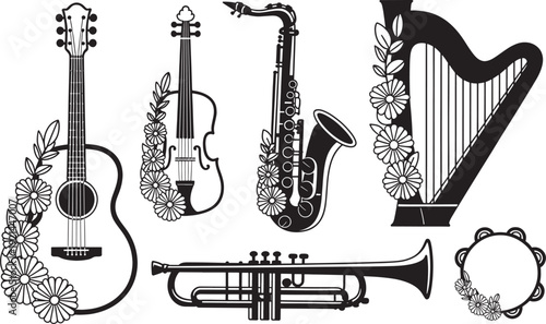 Set of musical instruments silhouettes with floral elements guitar violin saxophone trumpet and harp