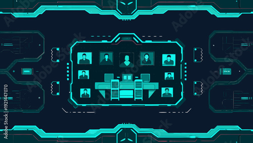 Futuristic interface displaying multiple faces within a geometric framework