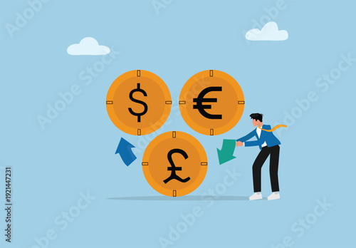 Currency Exchange and Global Financial Market Concept Illustration with Dollar, Euro and Pound Coins, Business Person Pointing Arrows Showing Value Fluctuations