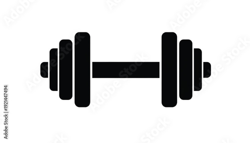 Dumbbell gym weight icon with black silhouette barbell for fitness training, strength workout, bodybuilding, sport equipment symbol isolated on white background